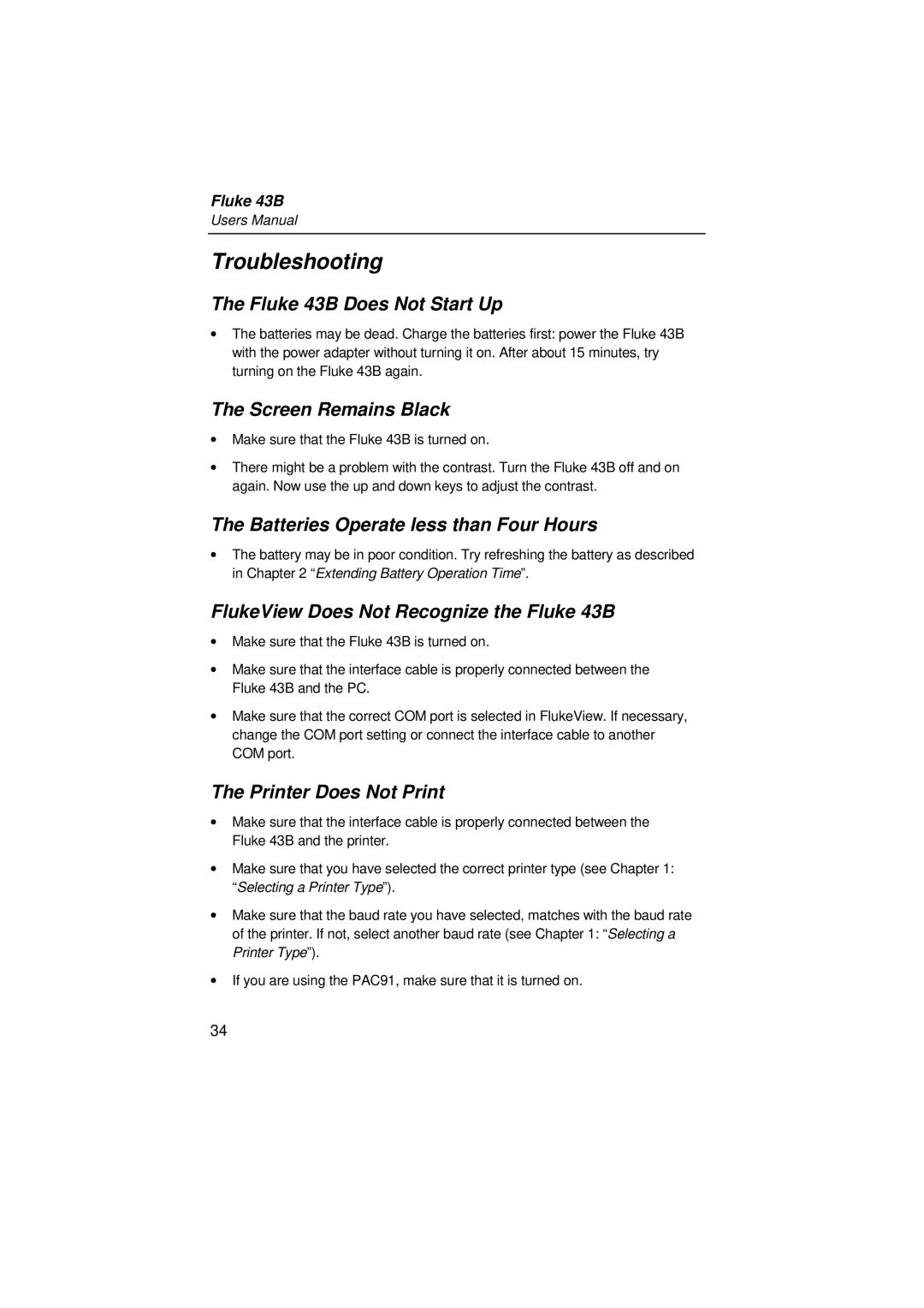 Fluke 43B user manual Troubleshooting 