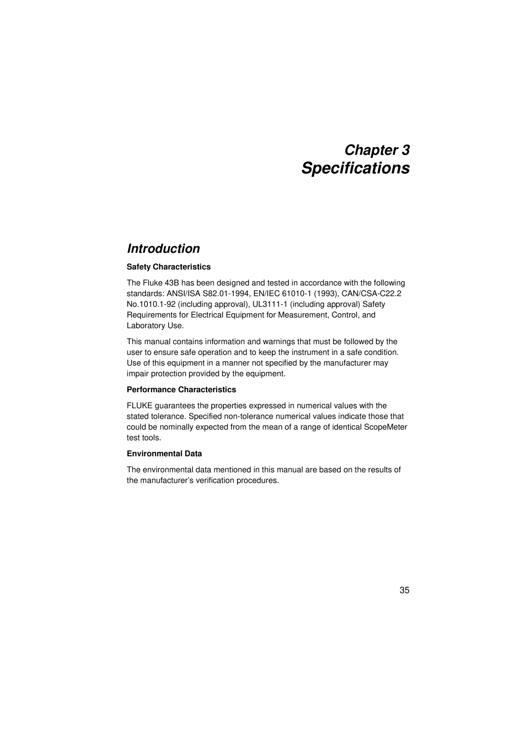 Fluke 43B user manual Introduction, Safety Characteristics, Performance Characteristics, Environmental Data 