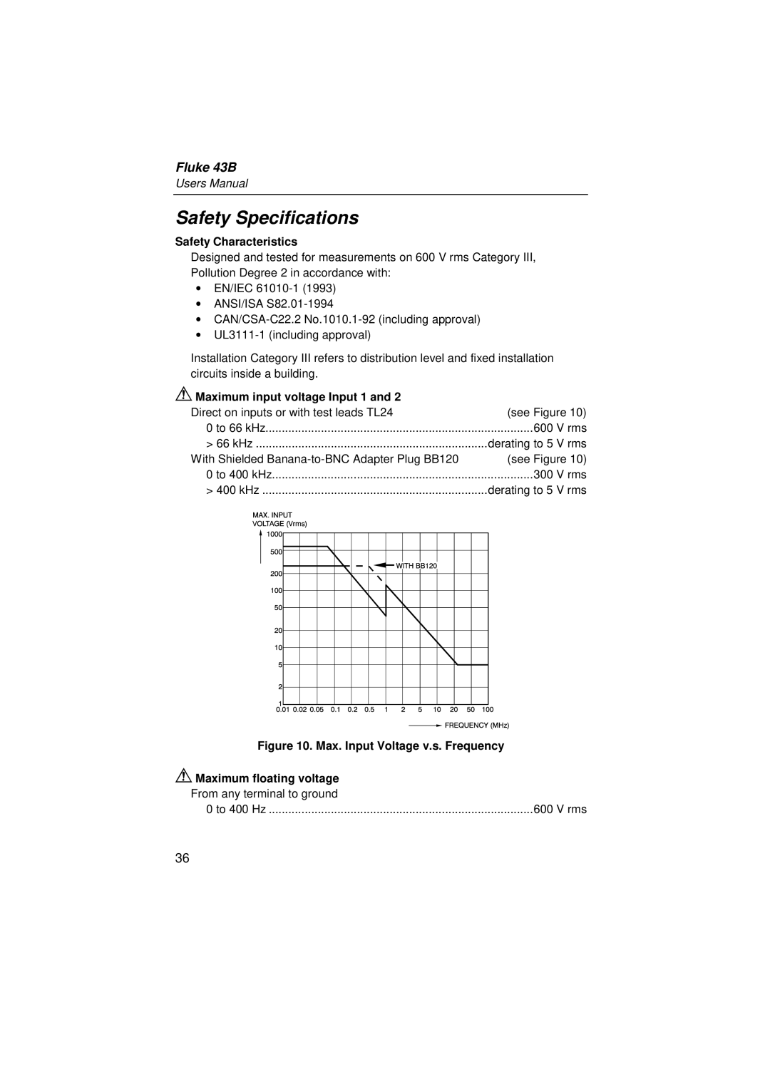 Fluke 43B user manual Safety Specifications, Maximum input voltage Input 1 