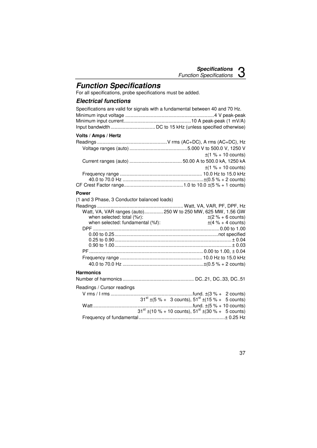 Fluke 43B user manual Function Specifications, Volts / Amps / Hertz, Power, Harmonics 