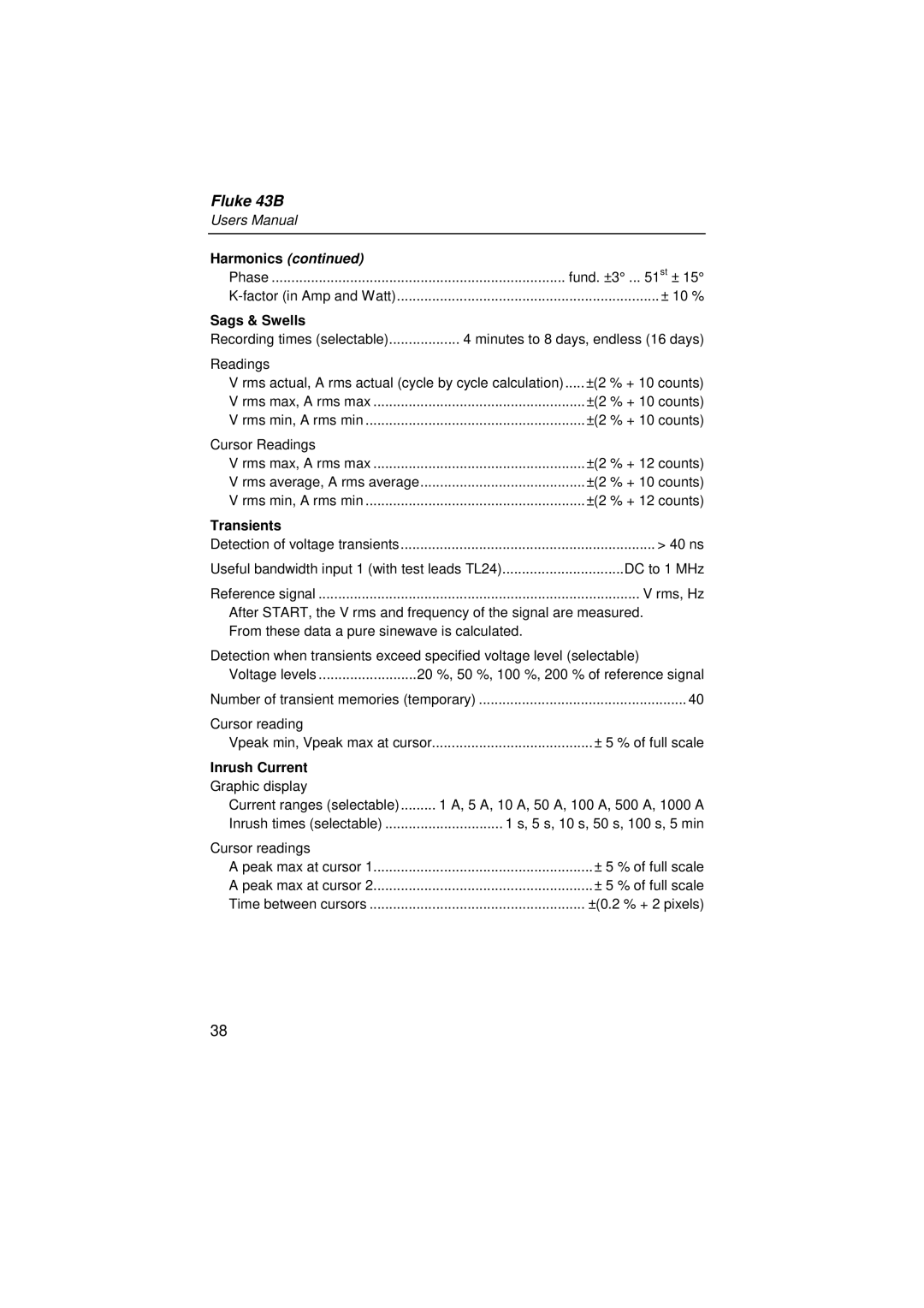 Fluke 43B user manual Sags & Swells, Transients, Inrush Current 