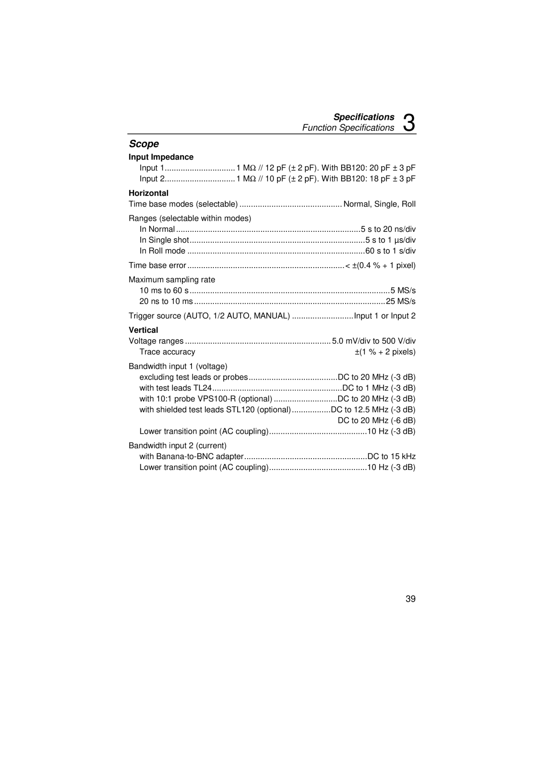 Fluke 43B user manual Input Impedance, Horizontal, Vertical 