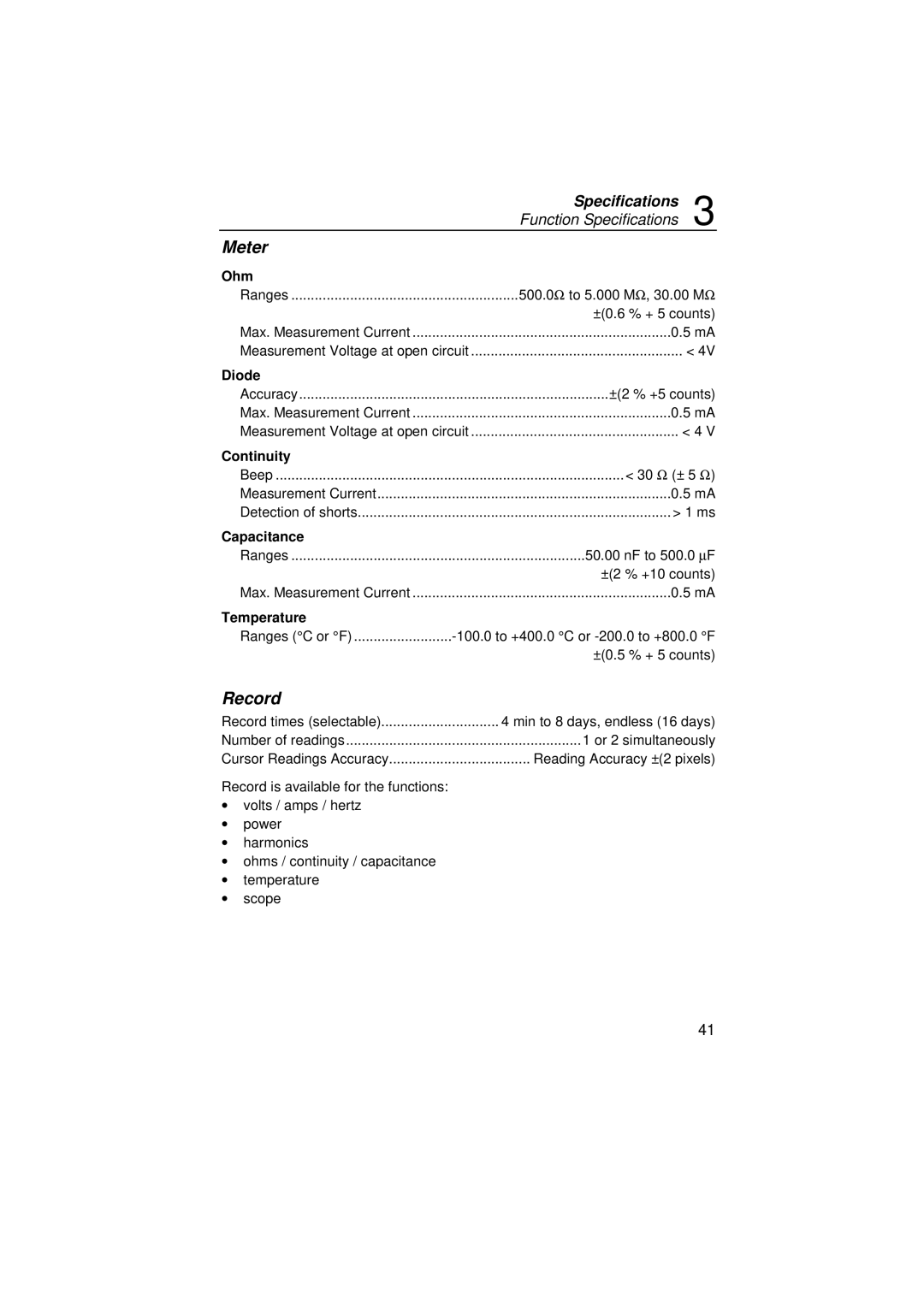 Fluke 43B user manual Ohm, Diode, Continuity, Capacitance, Temperature 