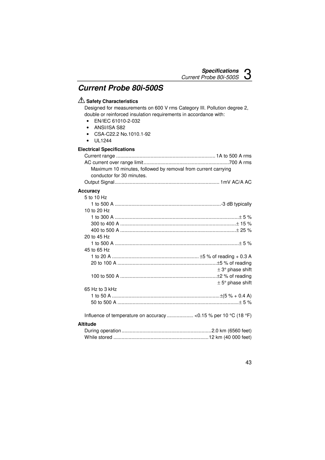 Fluke 43B user manual Current Probe 80i-500S, Electrical Specifications, Accuracy, Altitude 