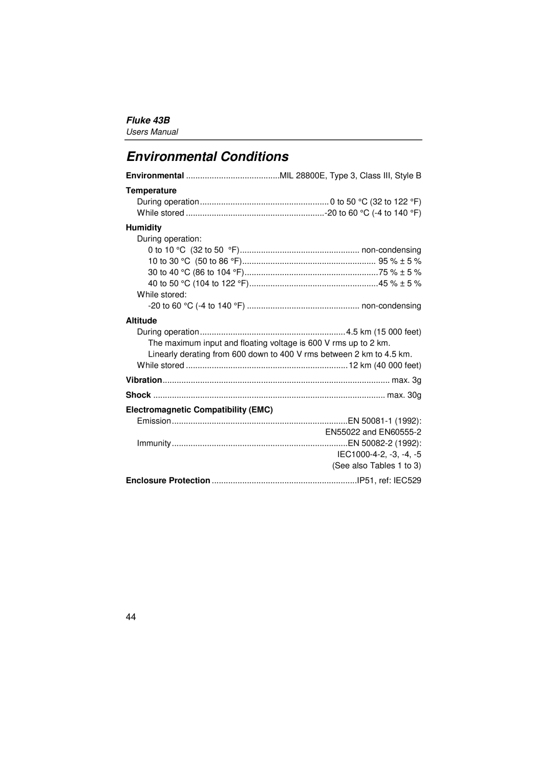 Fluke 43B user manual Environmental Conditions, Humidity, Electromagnetic Compatibility EMC 