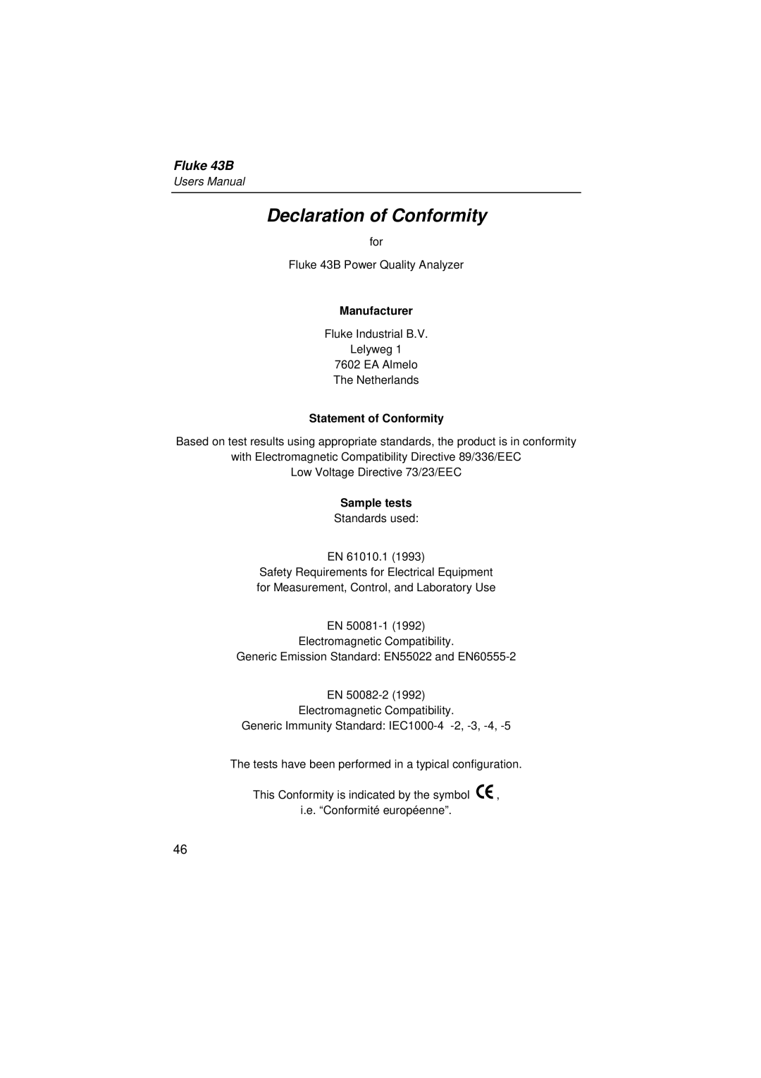 Fluke 43B user manual Declaration of Conformity, Manufacturer, Statement of Conformity, Sample tests 