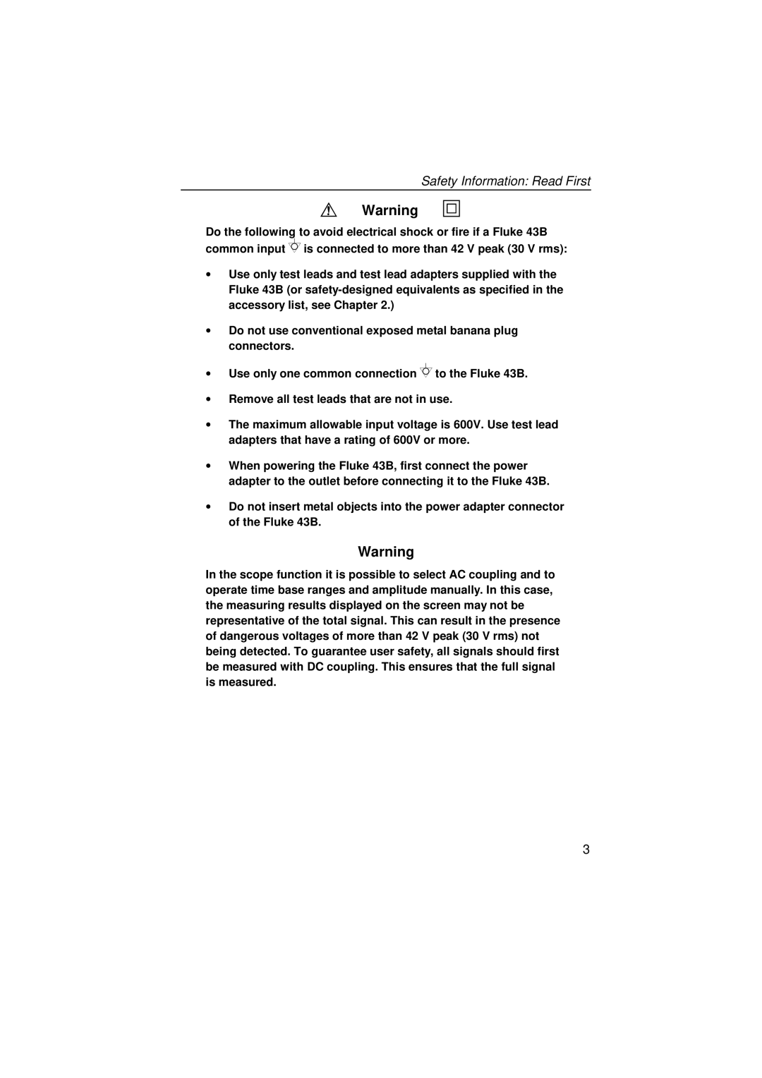 Fluke 43B user manual Safety Information Read First 