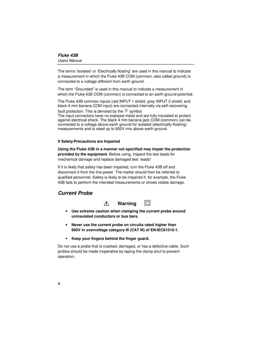 Fluke 43B user manual Current Probe, Fault protection. This is denoted by the symbol 