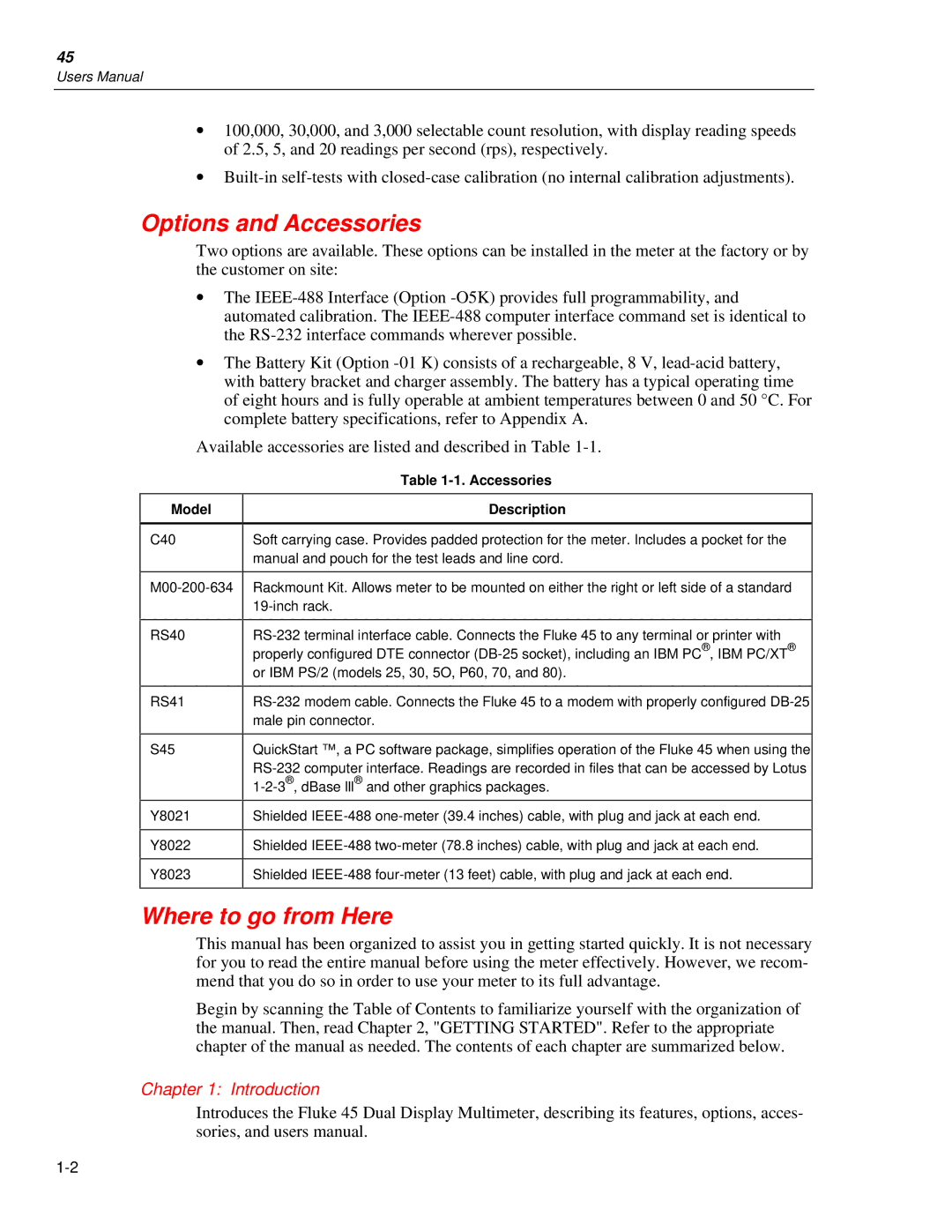 Fluke 45 user manual Options and Accessories, Where to go from Here, Model Accessories Description 