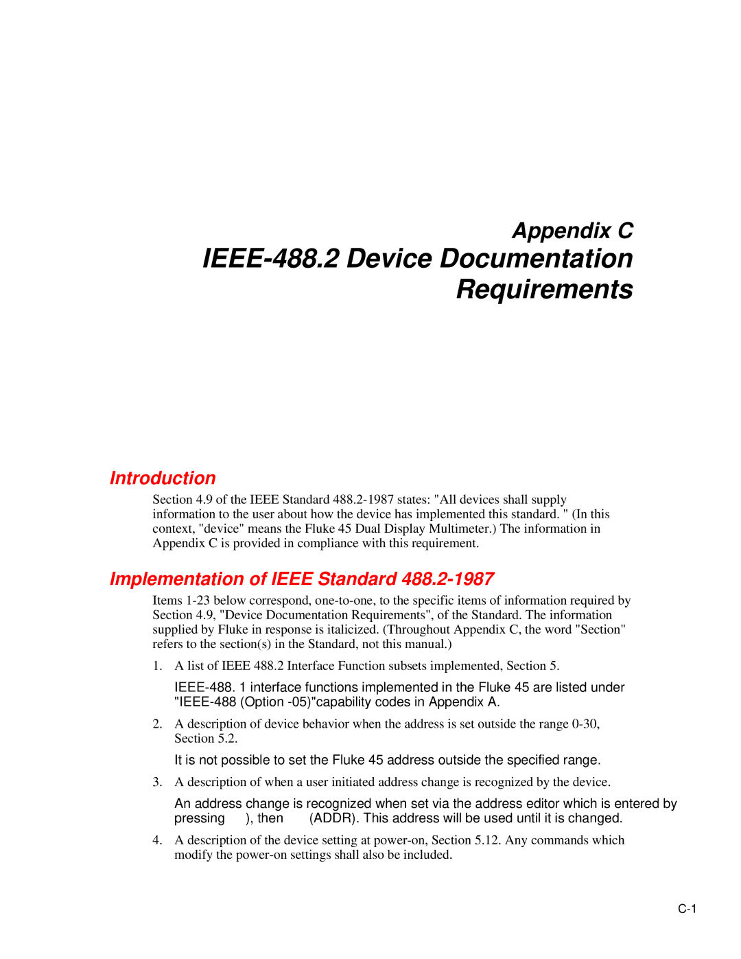 Fluke 45 user manual IEEE-488.2 Device Documentation Requirements, Implementation of Ieee Standard 