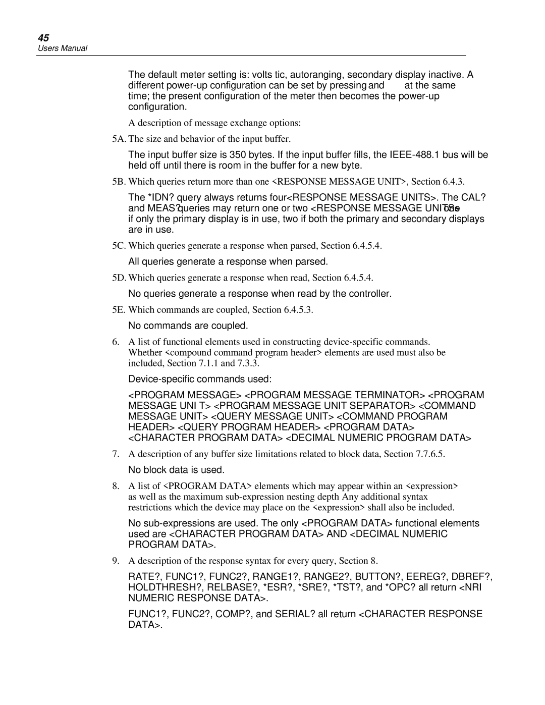 Fluke 45 user manual Numeric Response Data 