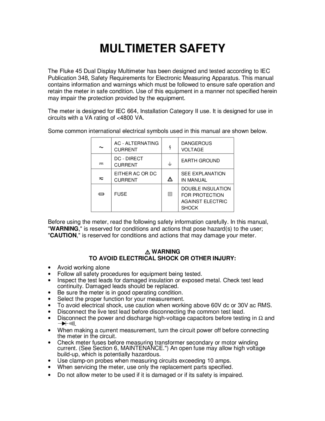 Fluke 45 user manual Multimeter Safety 