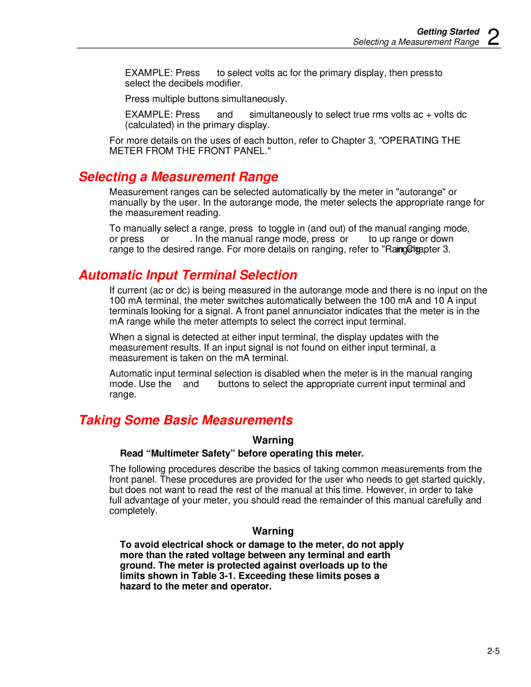 Fluke 45 user manual Selecting a Measurement Range, Automatic Input Terminal Selection, Taking Some Basic Measurements 