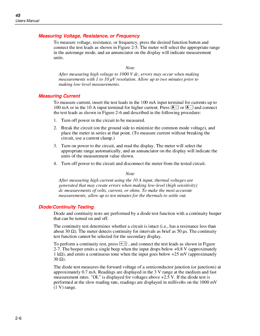 Fluke 45 user manual Measuring Voltage, Resistance, or Frequency, Measuring Current, Diode/Continuity Testing 