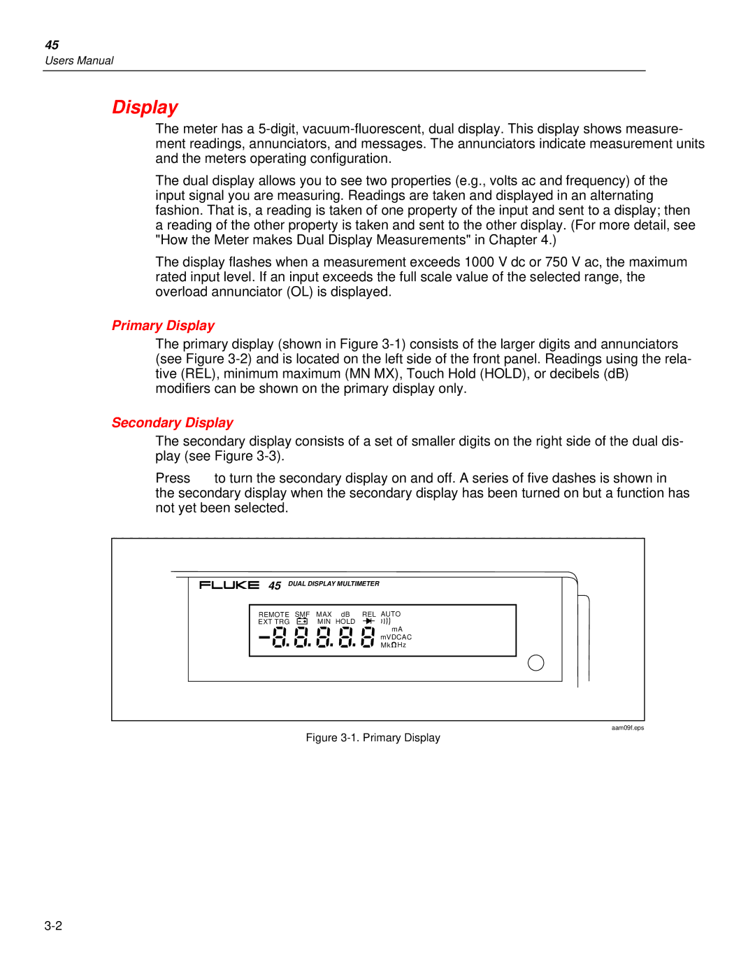 Fluke 45 user manual Primary Display, Secondary Display 