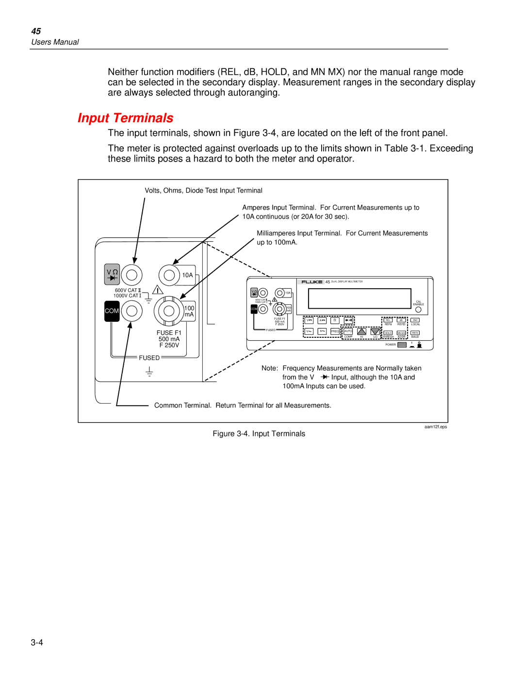 Fluke 45 user manual Input Terminals 