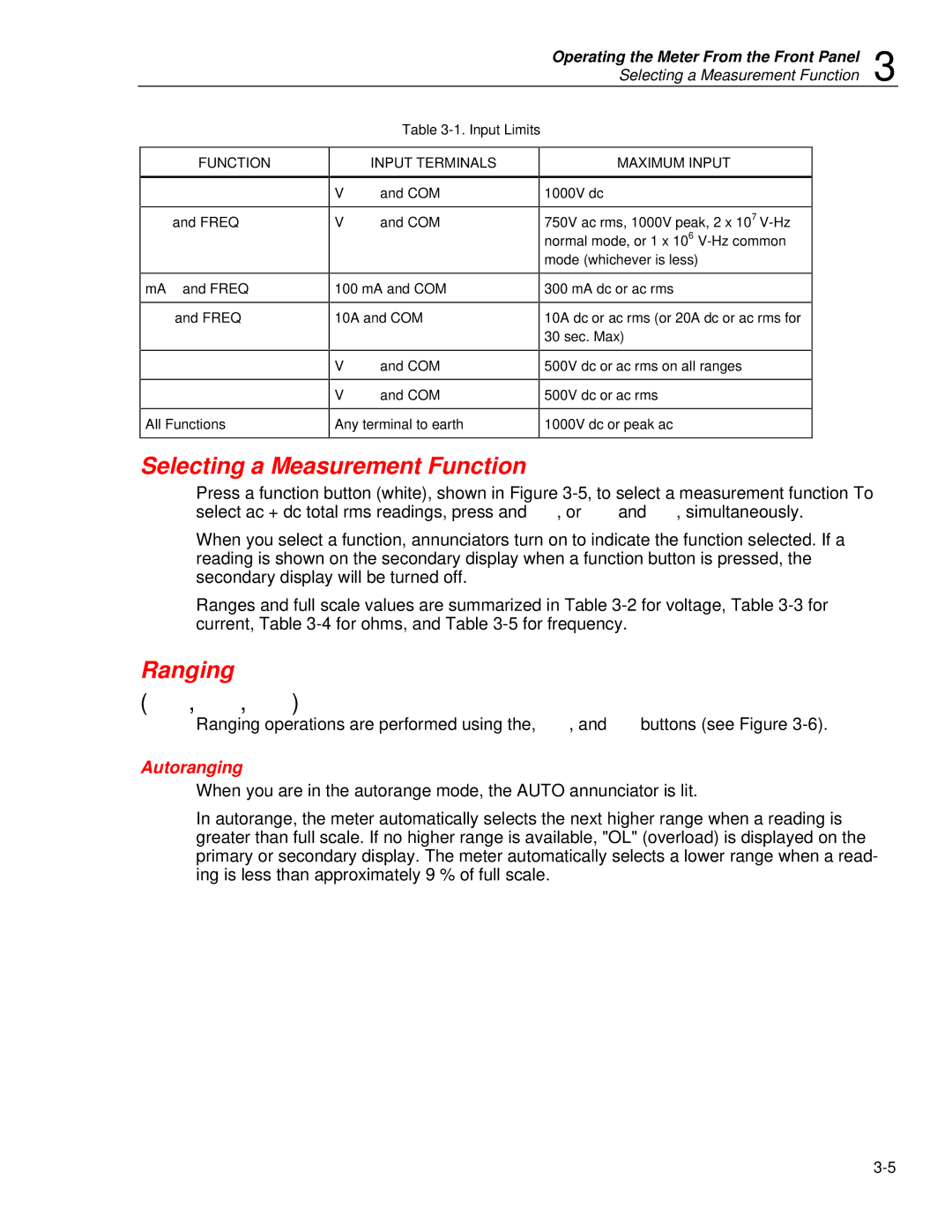 Fluke 45 user manual Selecting a Measurement Function, Ranging, Autoranging, Input Limits 