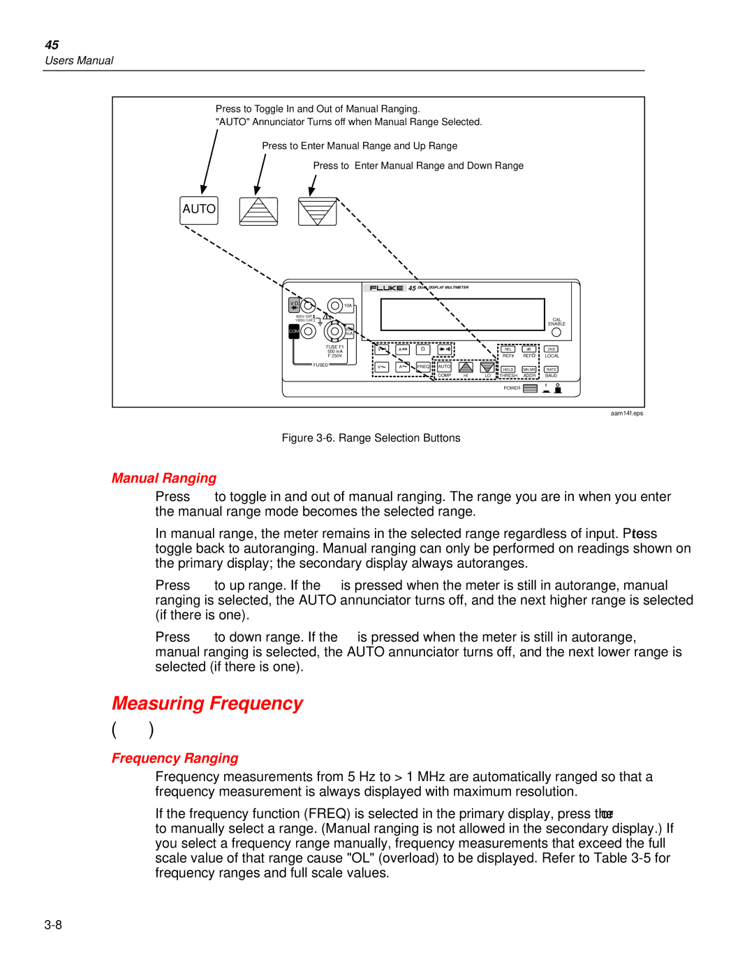 Fluke 45 user manual Measuring Frequency, Manual Ranging, Frequency Ranging 