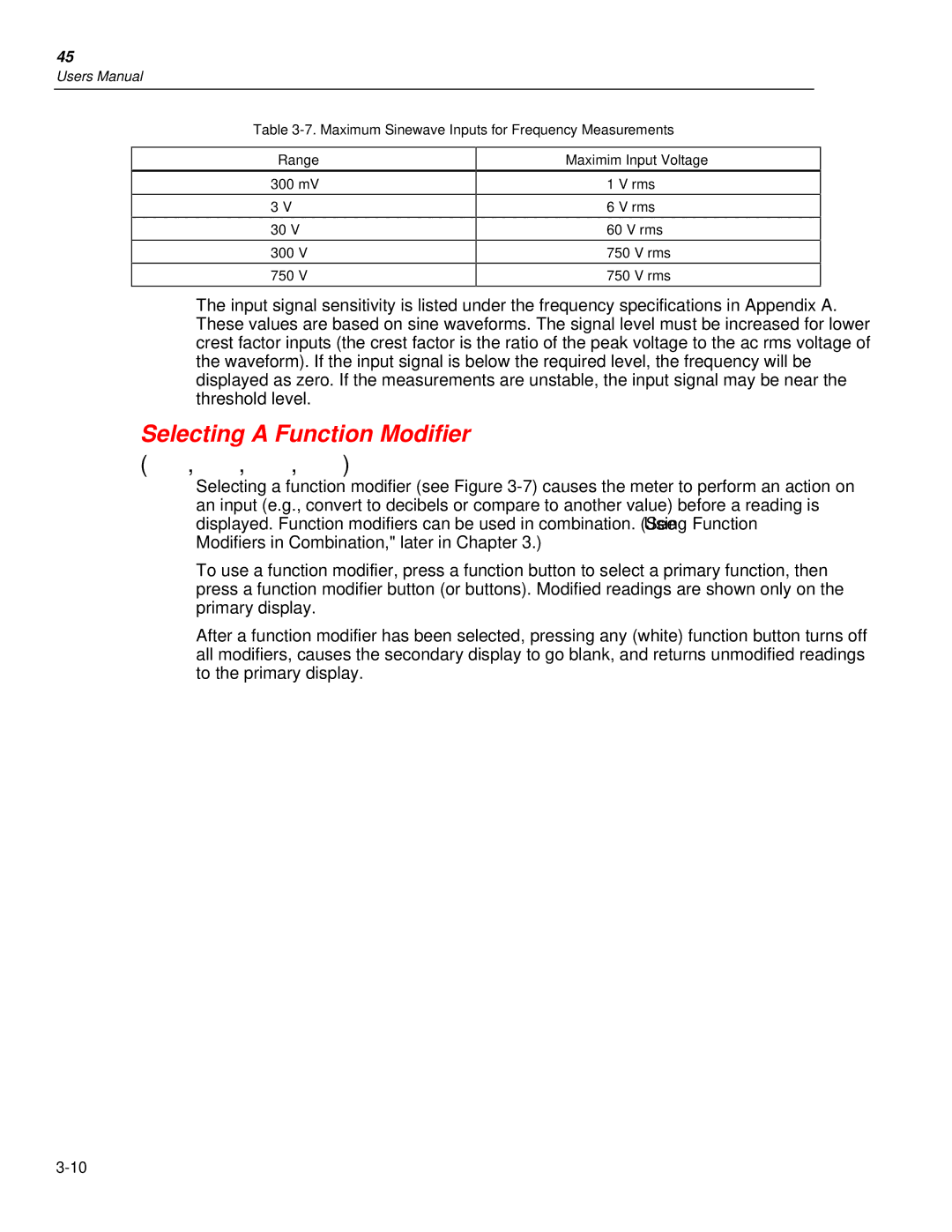 Fluke 45 Selecting a Function Modifier, Maximum Sinewave Inputs for Frequency Measurements Range, Maximim Input Voltage 