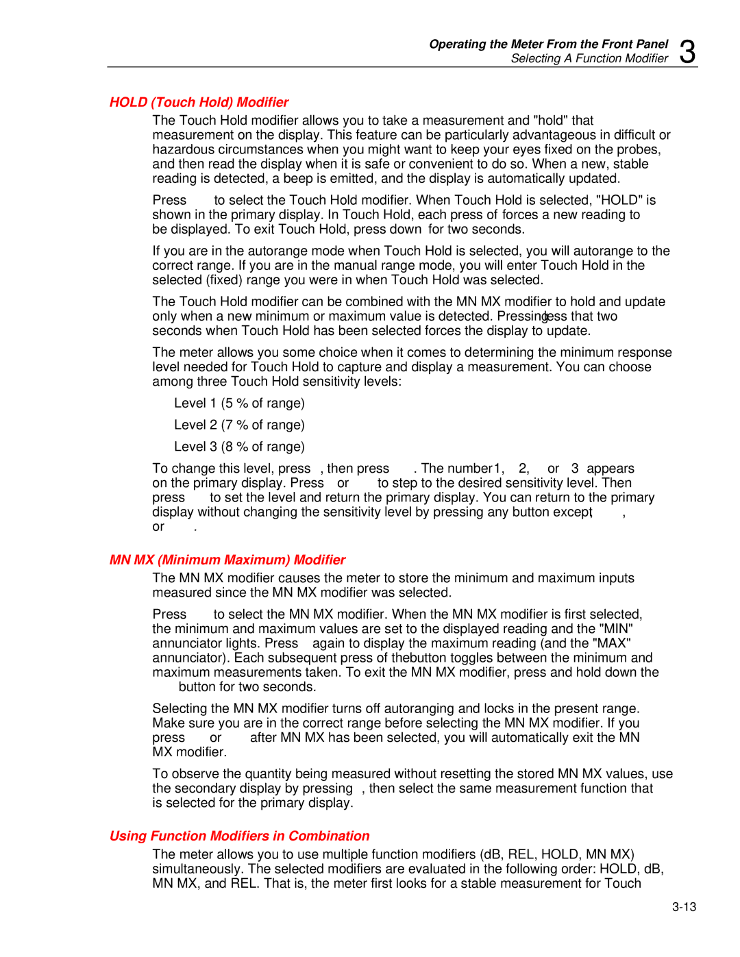 Fluke 45 user manual Hold Touch Hold Modifier, MN MX Minimum Maximum Modifier, Using Function Modifiers in Combination 