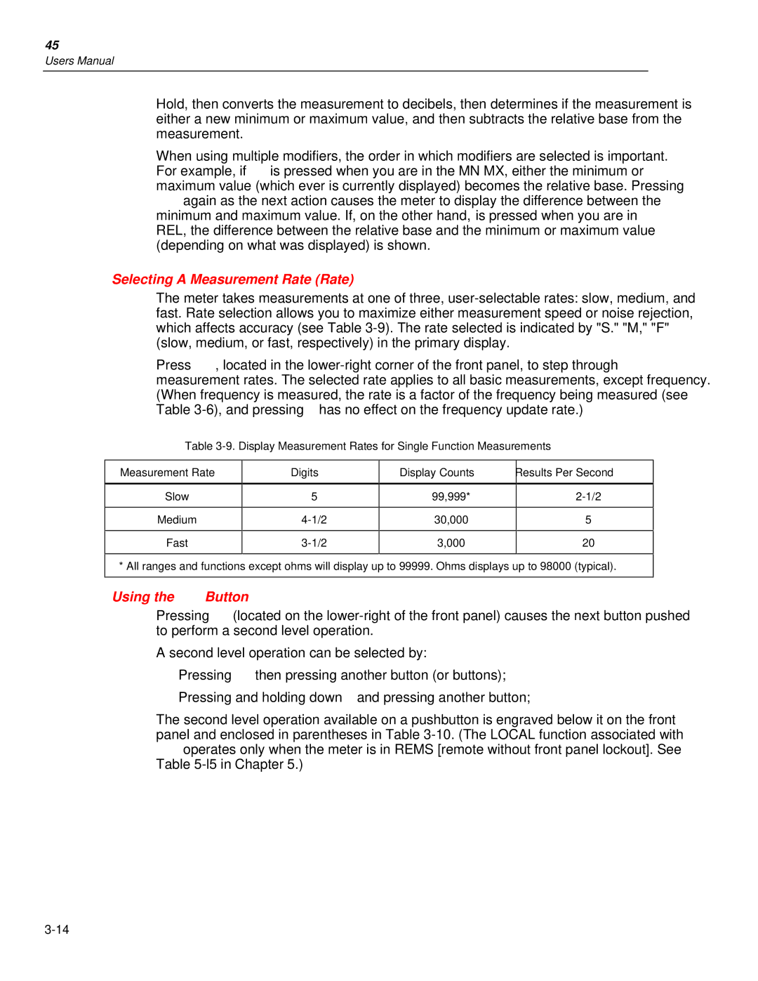 Fluke 45 user manual Selecting a Measurement Rate Rate, Using the SButton 