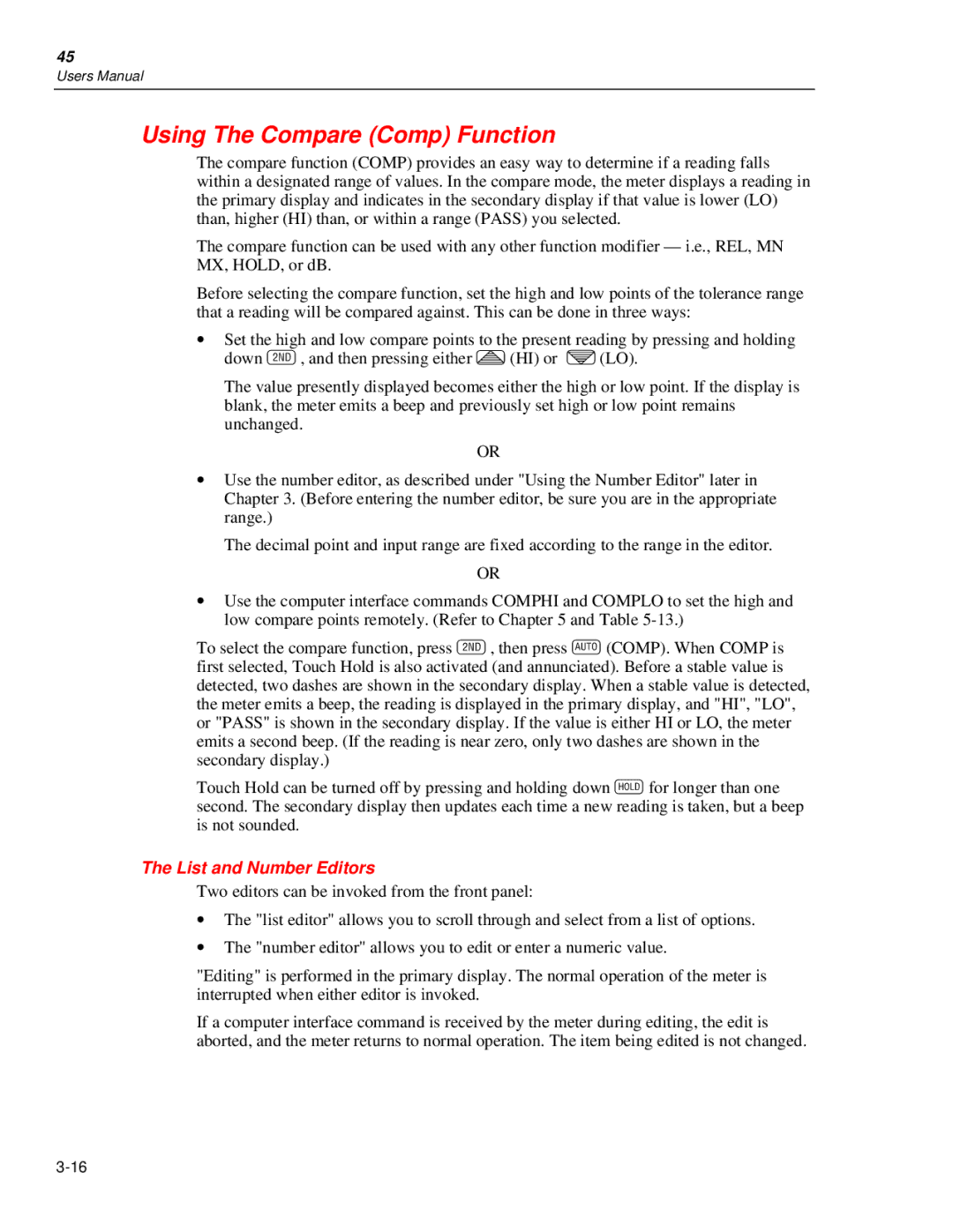 Fluke 45 user manual Using The Compare Comp Function, List and Number Editors 