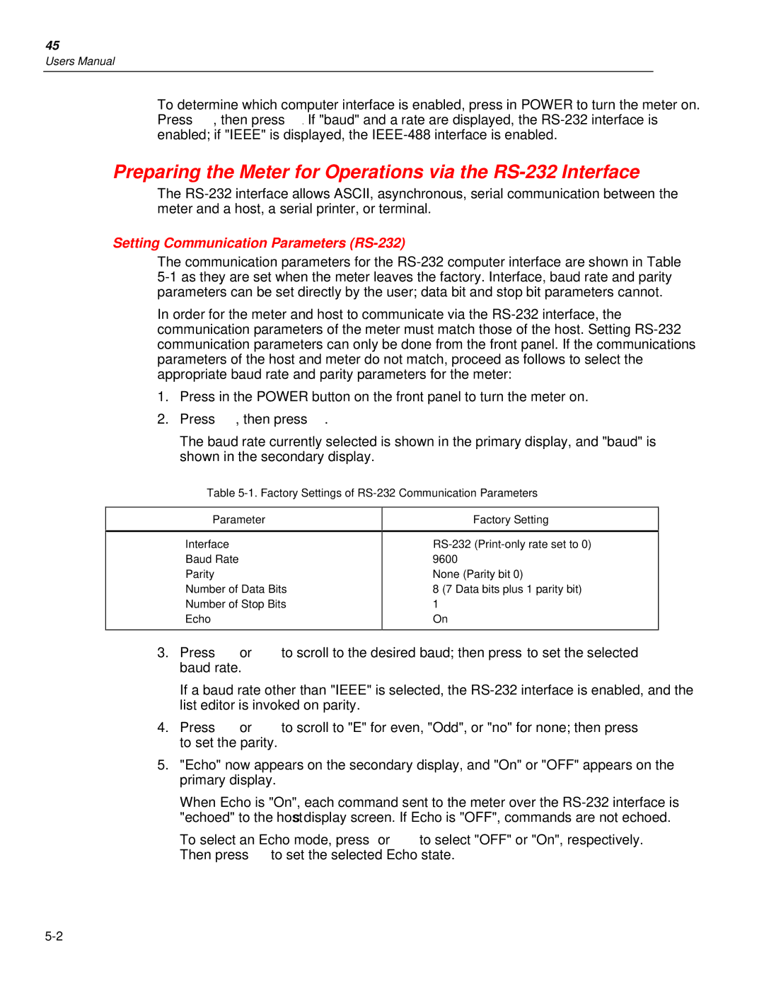 Fluke 45 user manual Preparing the Meter for Operations via the RS-232 Interface, Setting Communication Parameters RS-232 