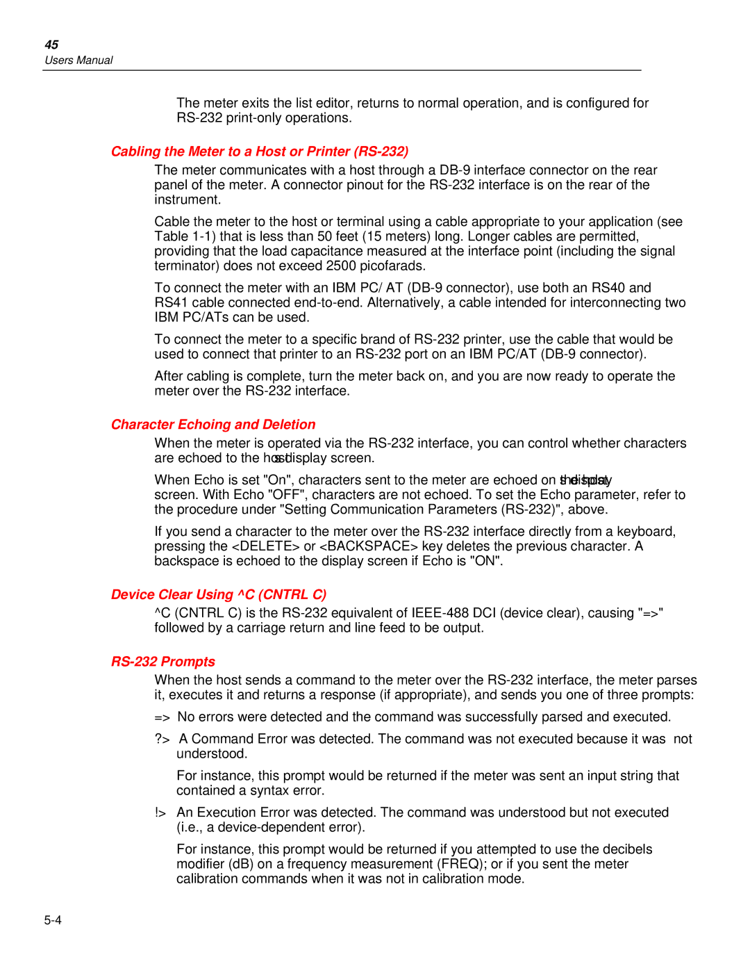 Fluke 45 Cabling the Meter to a Host or Printer RS-232, Character Echoing and Deletion, Device Clear Using C Cntrl C 