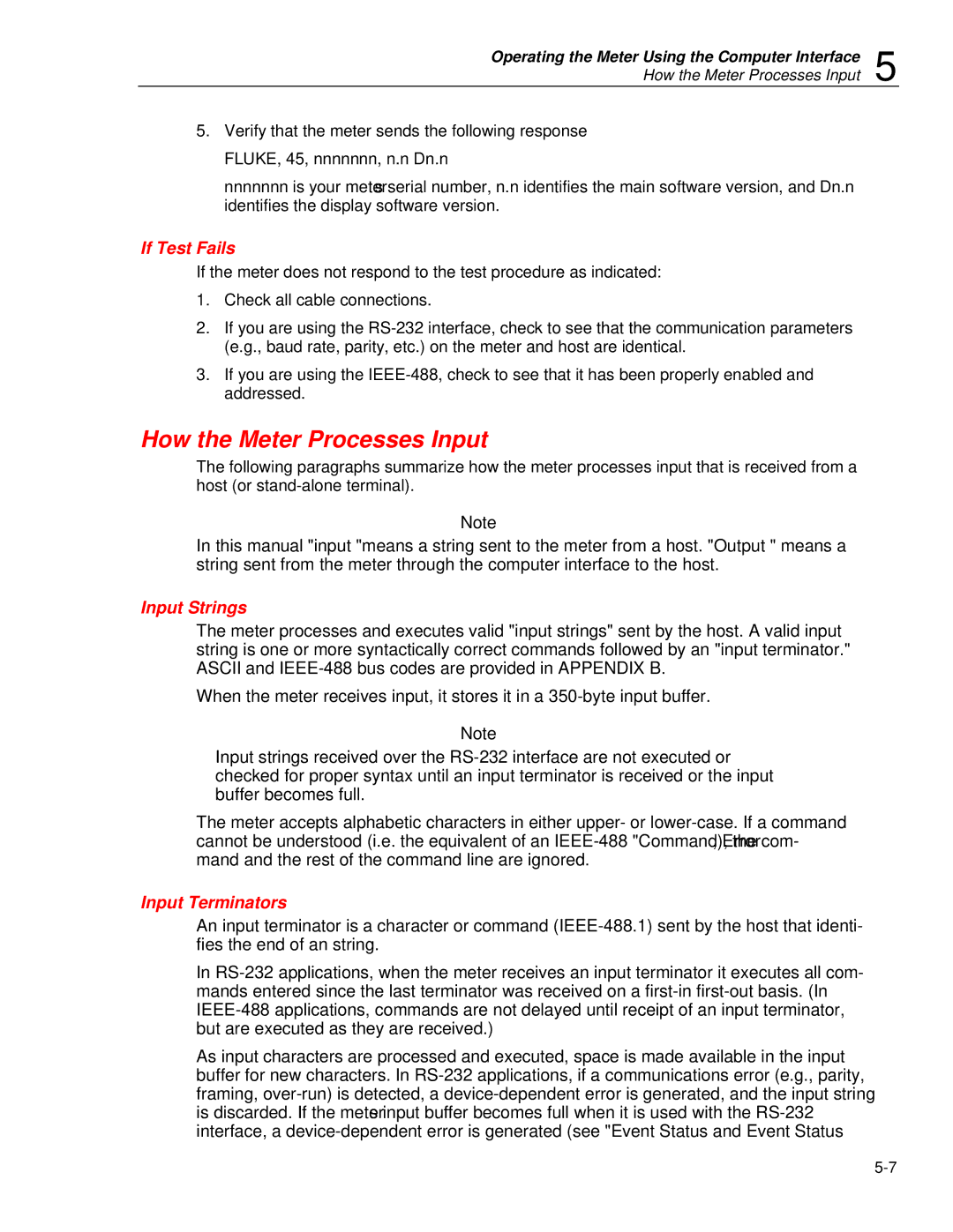 Fluke 45 user manual How the Meter Processes Input, If Test Fails, Input Strings, Input Terminators 