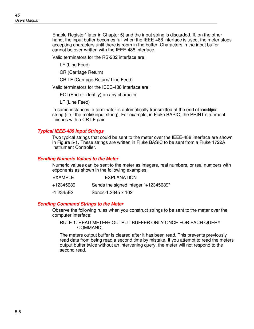 Fluke 45 Typical IEEE-488 Input Strings, Sending Numeric Values to the Meter, Sending Command Strings to the Meter 