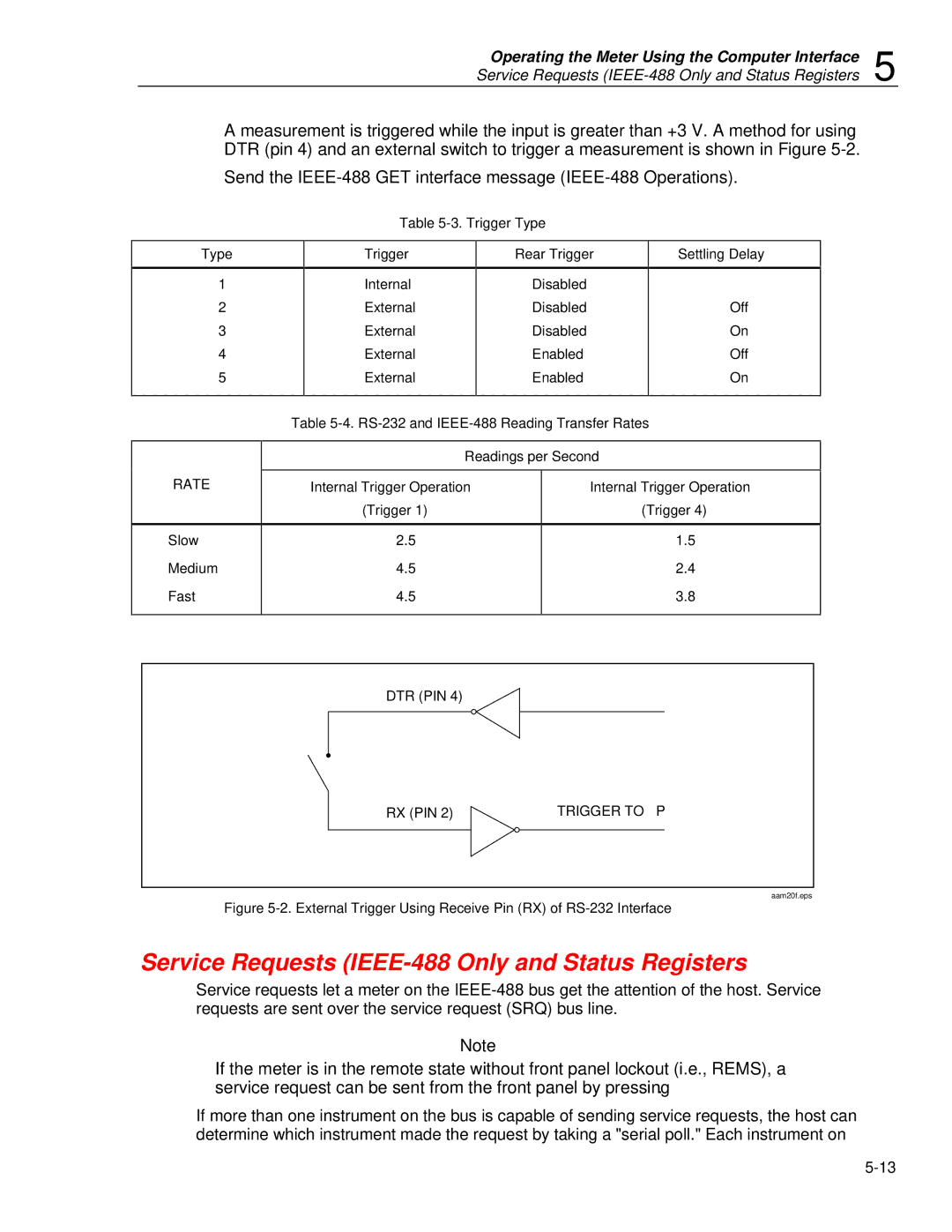 Fluke 45 user manual Service Requests IEEE-488 Only and Status Registers, Trigger Type, Rear Trigger, Settling Delay 