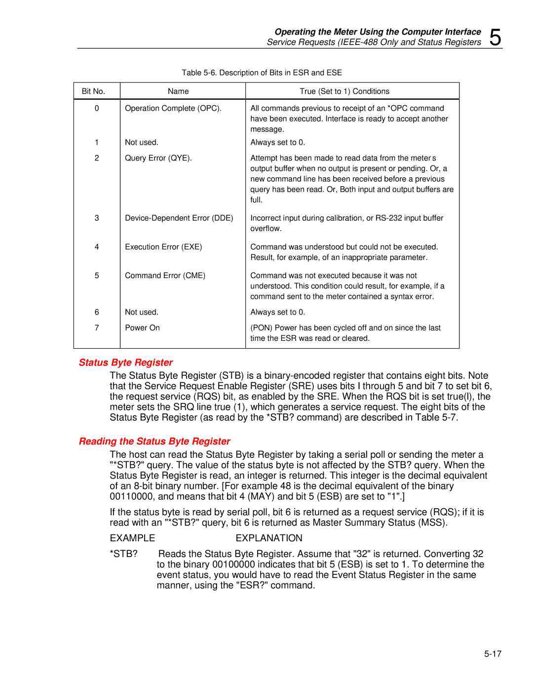 Fluke 45 Reading the Status Byte Register, Description of Bits in ESR and ESE Bit No Name, True Set to 1 Conditions 