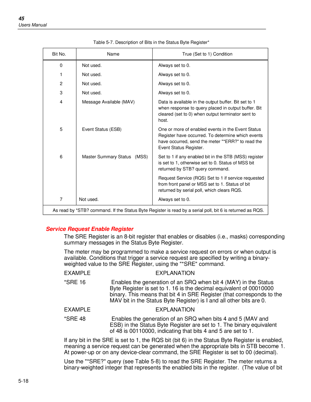 Fluke 45 user manual Service Request Enable Register, Description of Bits in the Status Byte Register Bit No Name 