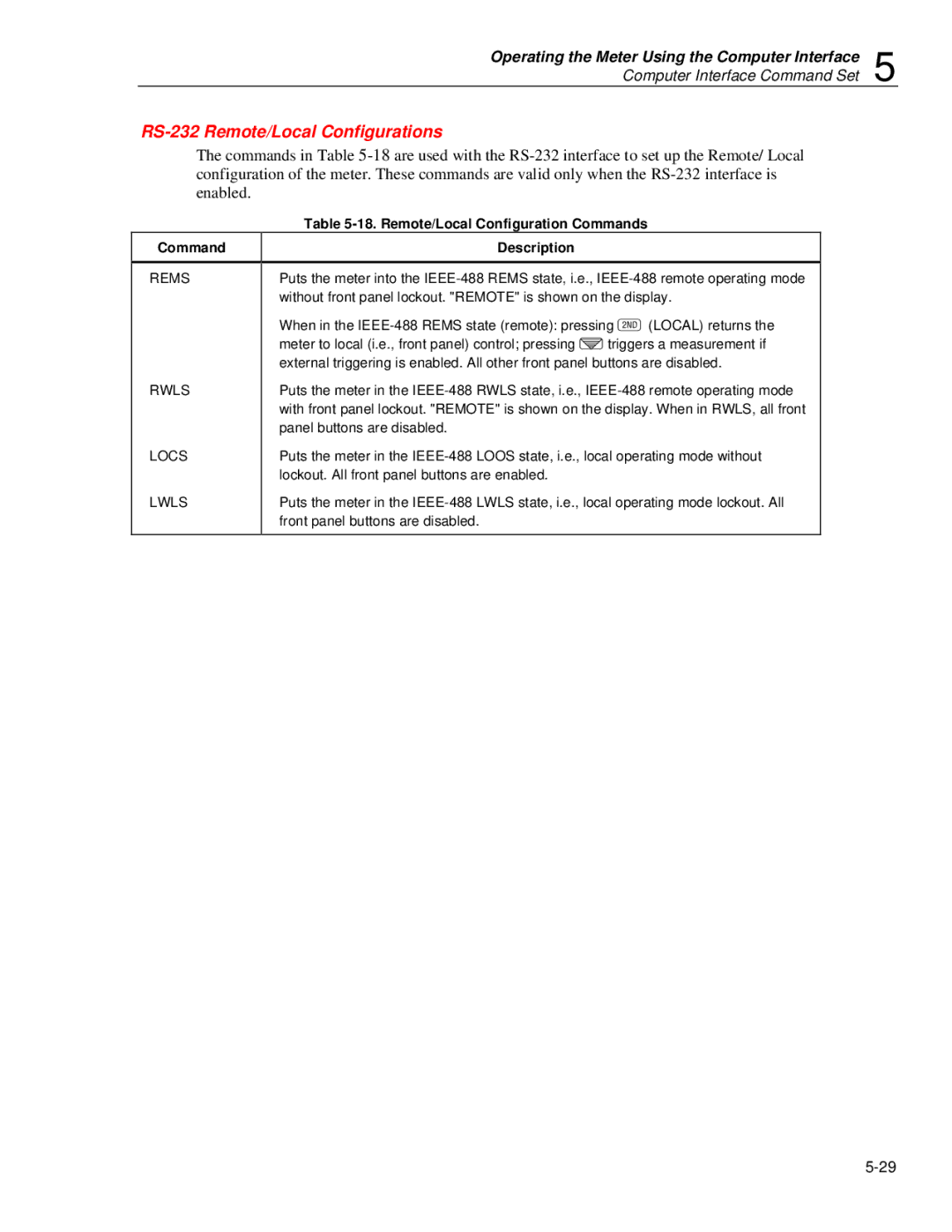 Fluke 45 user manual RS-232 Remote/Local Configurations, Remote/Local Configuration Commands Description 