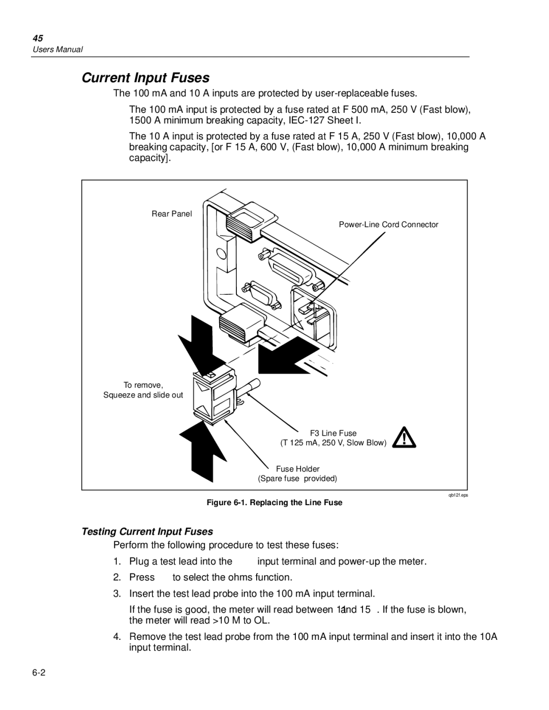 Fluke 45 user manual Testing Current Input Fuses 