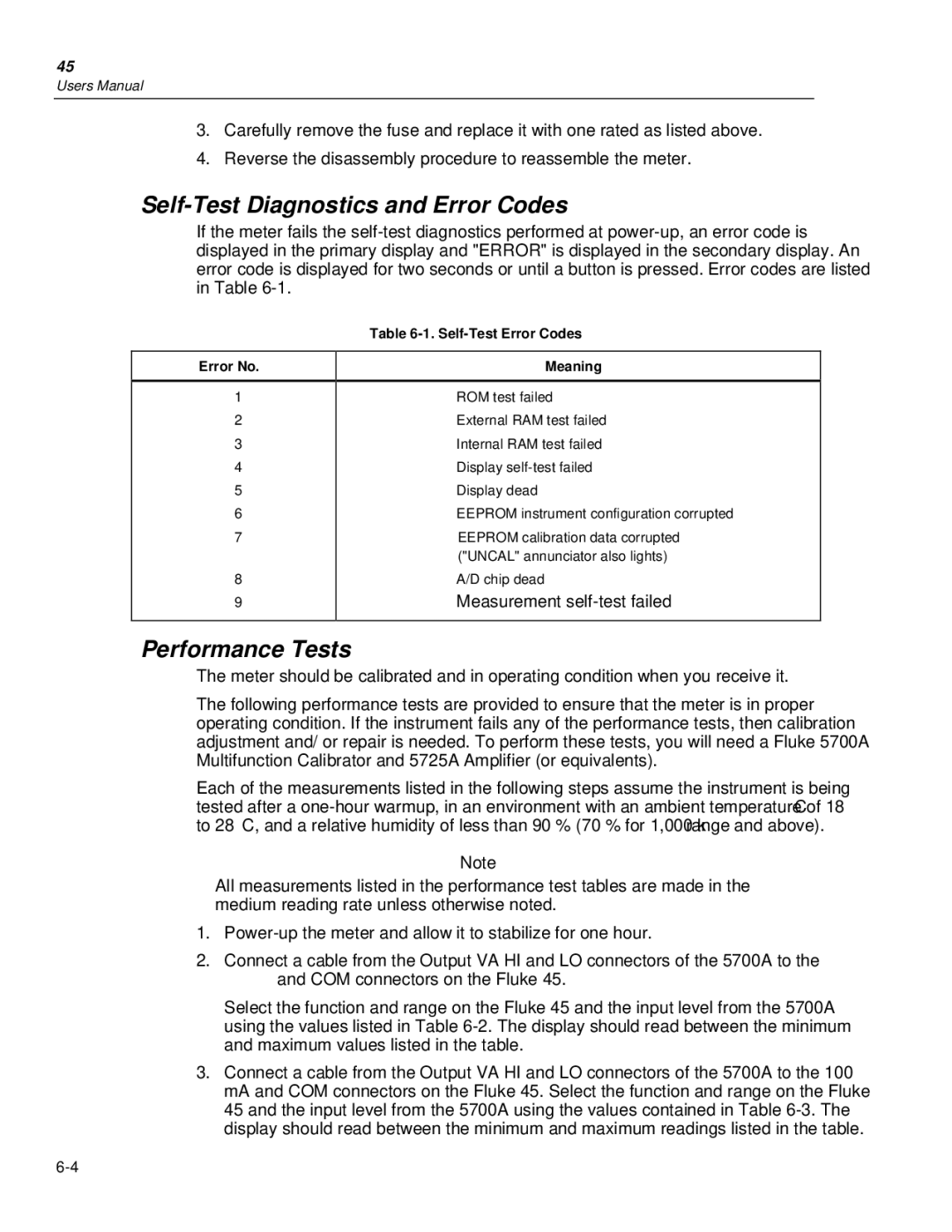 Fluke 45 user manual Self-Test Diagnostics and Error Codes, Performance Tests, Error No Self-Test Error Codes Meaning 