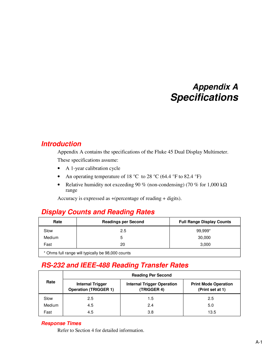 Fluke 45 user manual Display Counts and Reading Rates, RS-232 and IEEE-488 Reading Transfer Rates, Response Times 