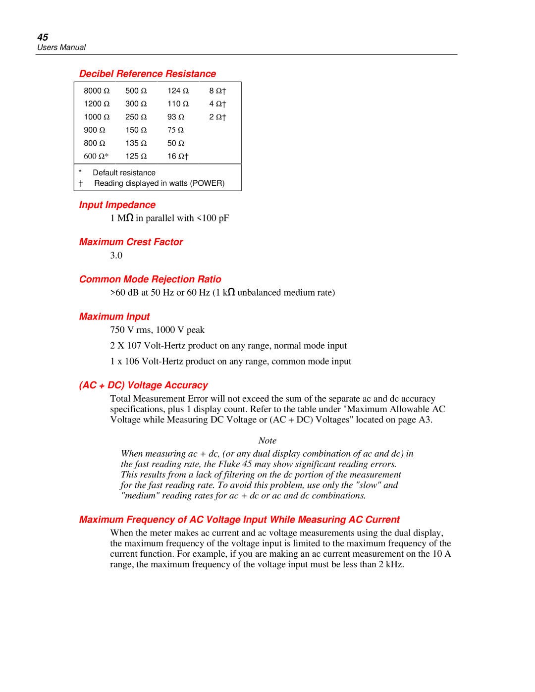 Fluke 45 Decibel Reference Resistance, Maximum Crest Factor Common Mode Rejection Ratio, AC + DC Voltage Accuracy 