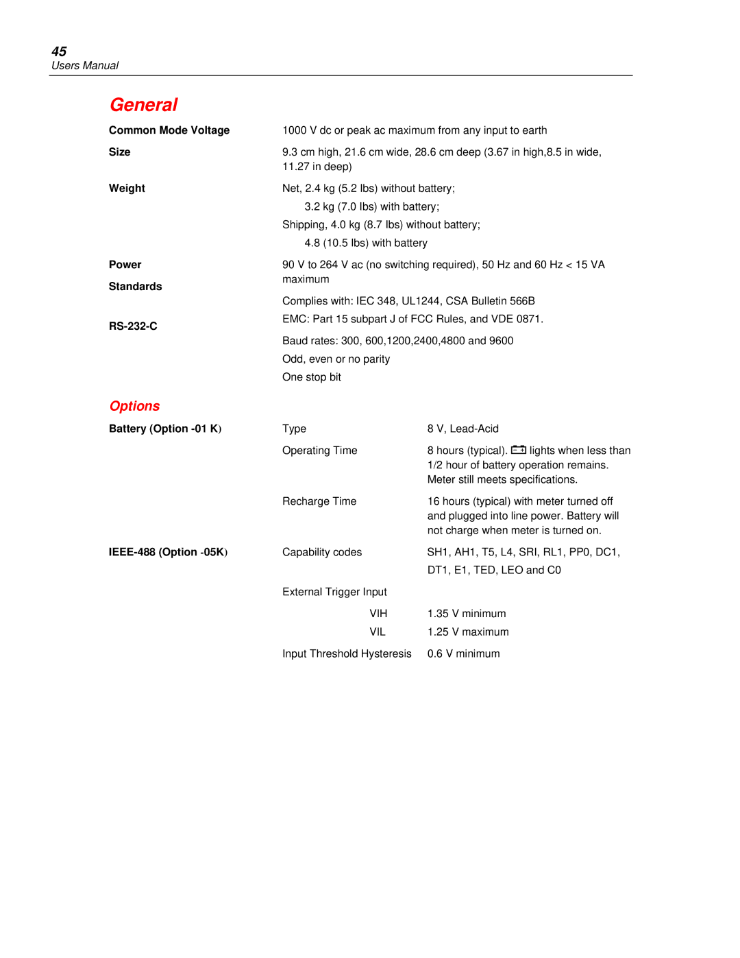 Fluke 45 user manual General, Options 