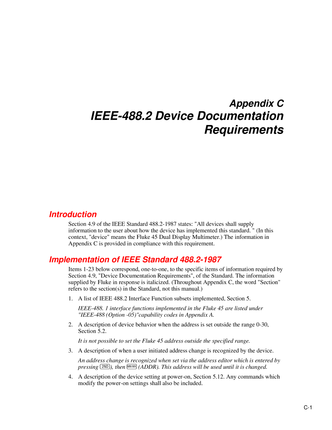 Fluke 45 user manual IEEE-488.2 Device Documentation Requirements, Implementation of Ieee Standard 