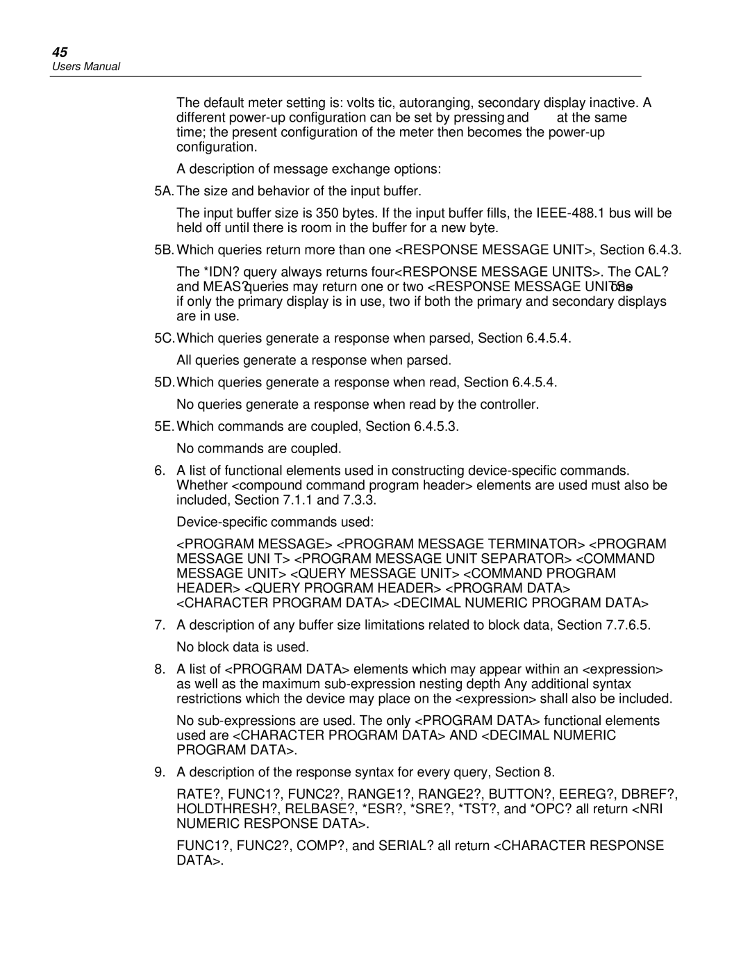 Fluke 45 user manual Numeric Response Data 