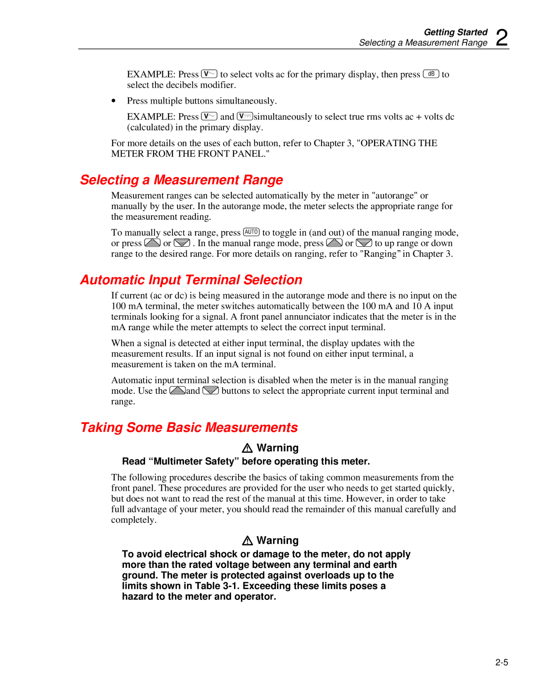 Fluke 45 user manual Selecting a Measurement Range, Automatic Input Terminal Selection, Taking Some Basic Measurements 