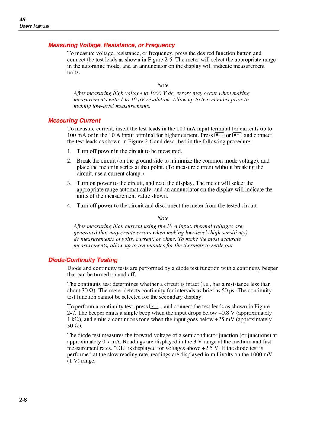 Fluke 45 user manual Measuring Voltage, Resistance, or Frequency, Measuring Current, Diode/Continuity Testing 