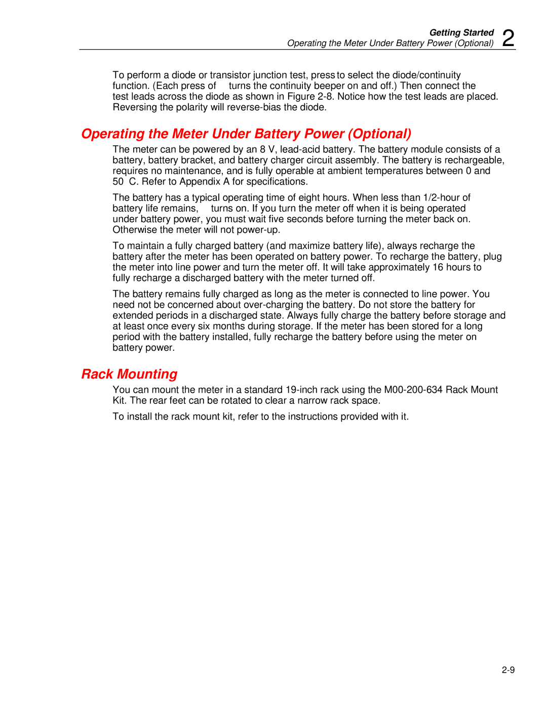 Fluke 45 user manual Operating the Meter Under Battery Power Optional, Rack Mounting 