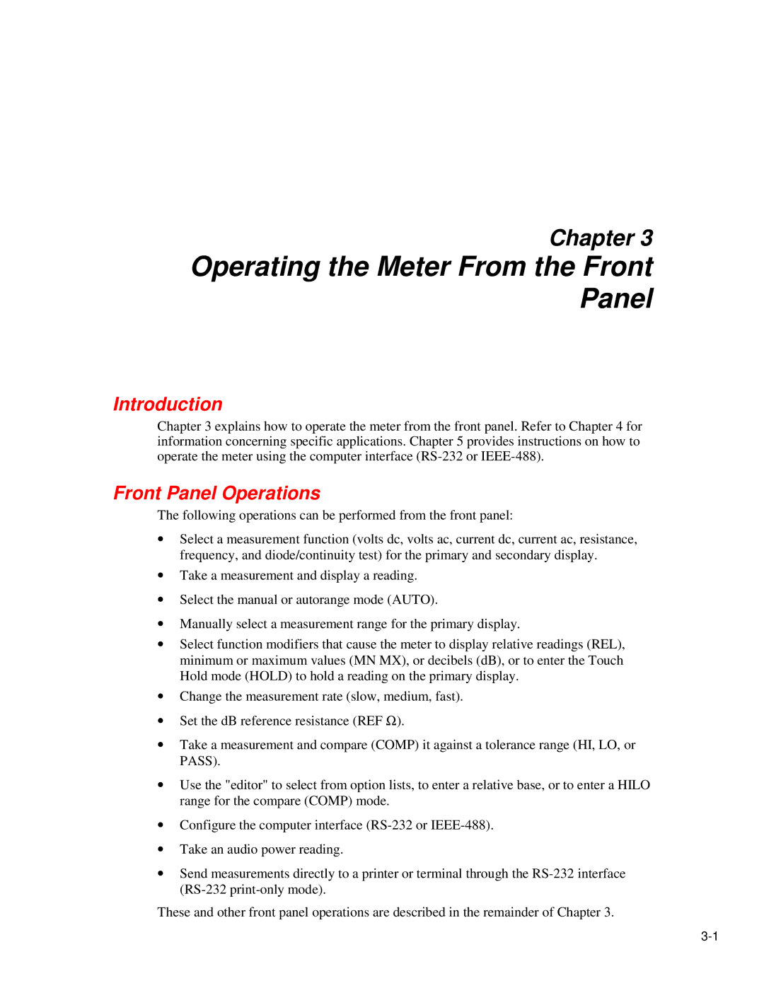 Fluke 45 user manual Operating the Meter From the Front Panel, Front Panel Operations 