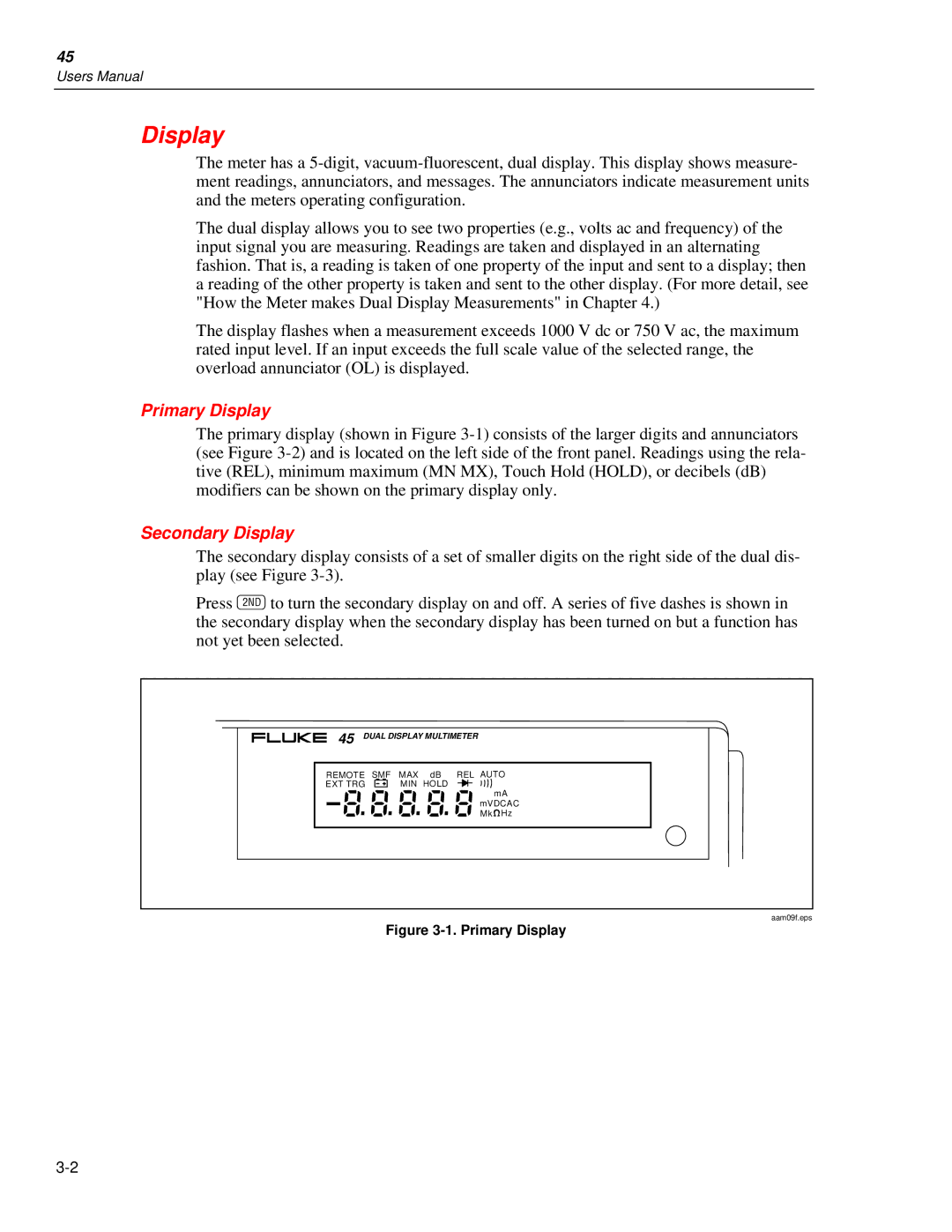 Fluke 45 user manual Primary Display, Secondary Display 