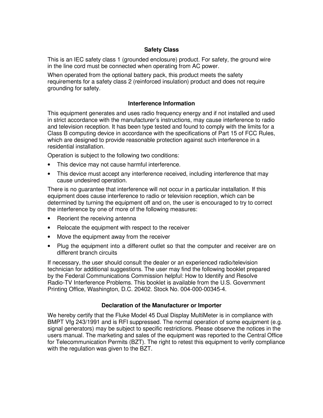 Fluke 45 user manual Declaration of the Manufacturer or Importer 