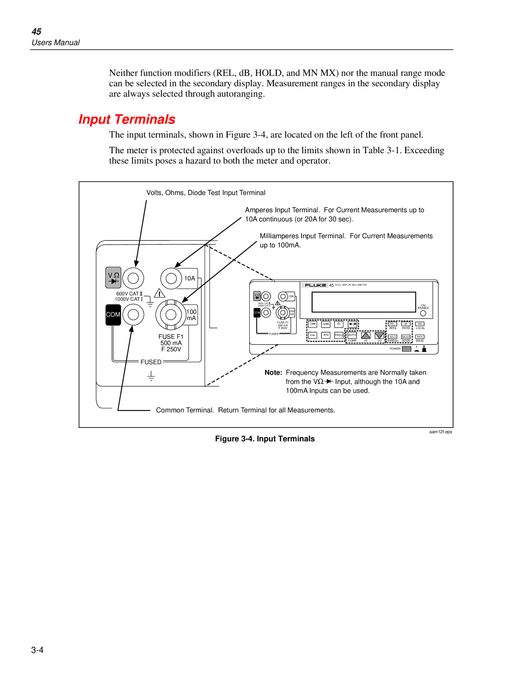 Fluke 45 user manual Input Terminals 