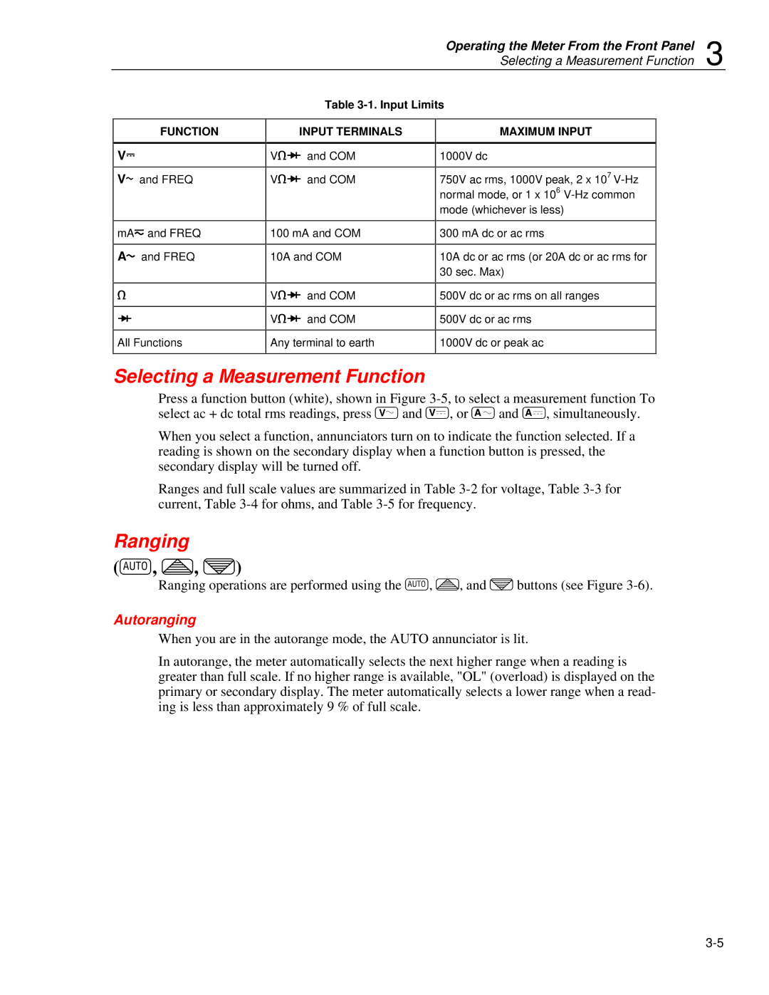 Fluke 45 user manual Selecting a Measurement Function, Ranging, Autoranging, Input Limits 