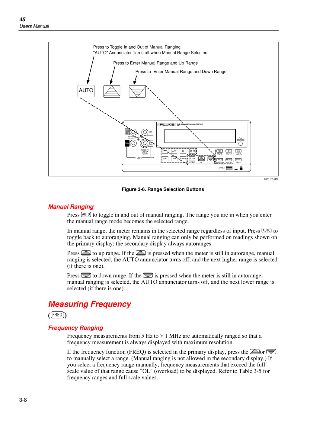 Fluke 45 user manual Measuring Frequency, Manual Ranging, Frequency Ranging 